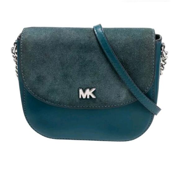 Michael Kors Half Dome Crossbody Bag Teal Green Suede & Leather Chain Strap Smal - Picture 1 of 7